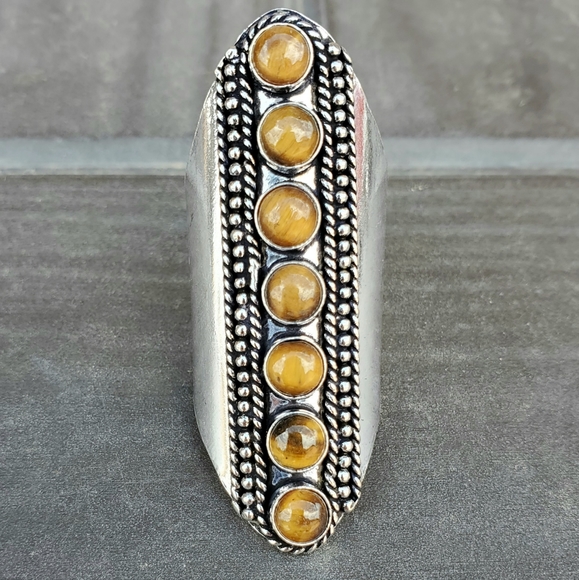 New 7 Stone Tiger Eye Adjustable Silver Statement Ring. - Picture 3 of 15